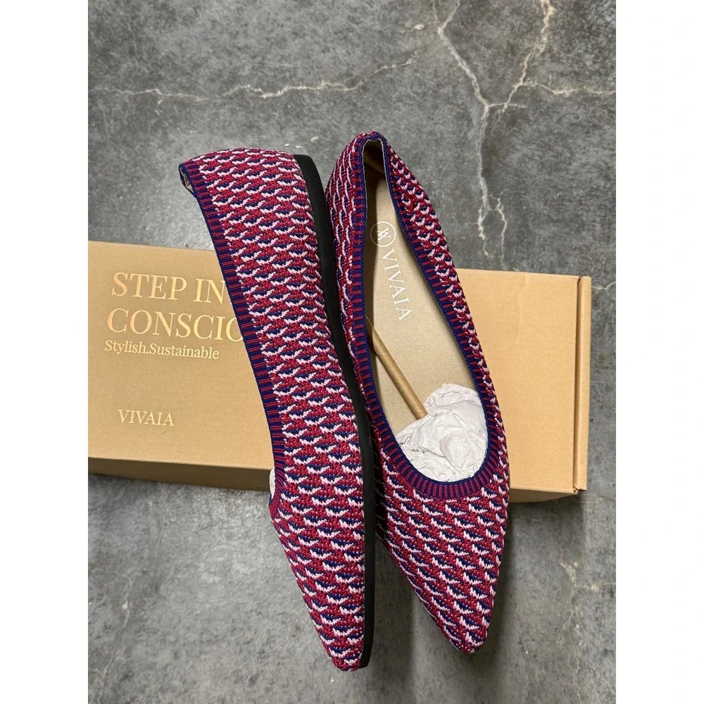 VIVAIA Aria Pointed Toe‎ Knit Flats Red Blue White Geometric Women Shoes US/ 9.5